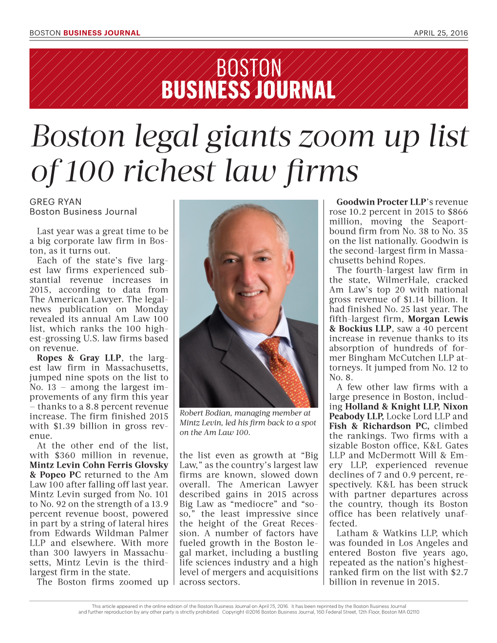 Boston Legal Giants Zoom up List of 100 Richest Law Firms