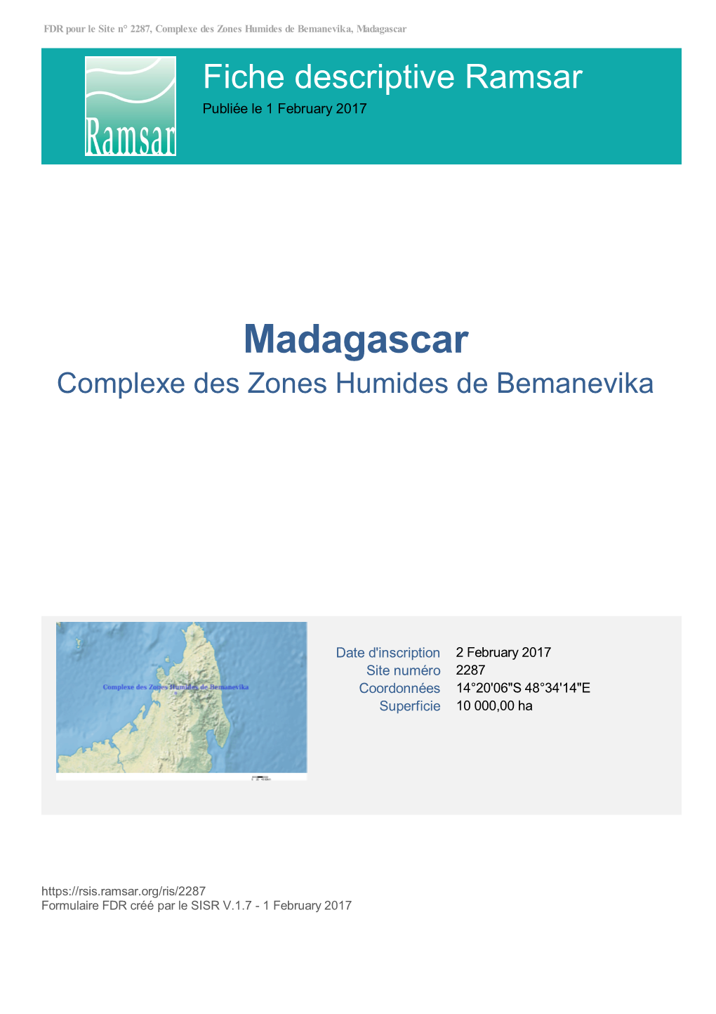 Madagascar Fiche Descriptive Ramsar Publiée Le 1 February 2017