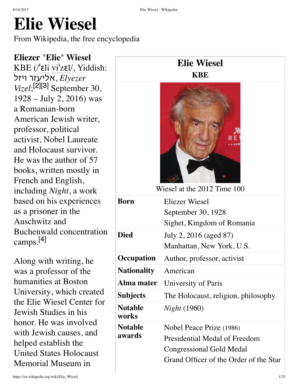 Elie Wiesel - Wikipedia Elie Wiesel from Wikipedia, the Free Encyclopedia