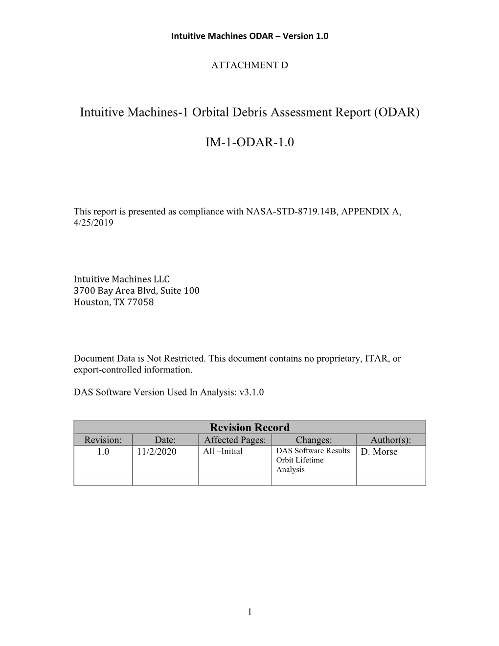 Intuitive Machines-1 Orbital Debris Assessment Report (ODAR)