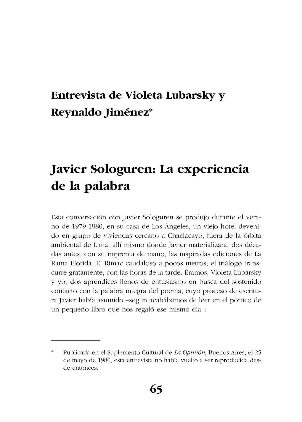 Javier Sologuren: La Experiencia De La Palabra