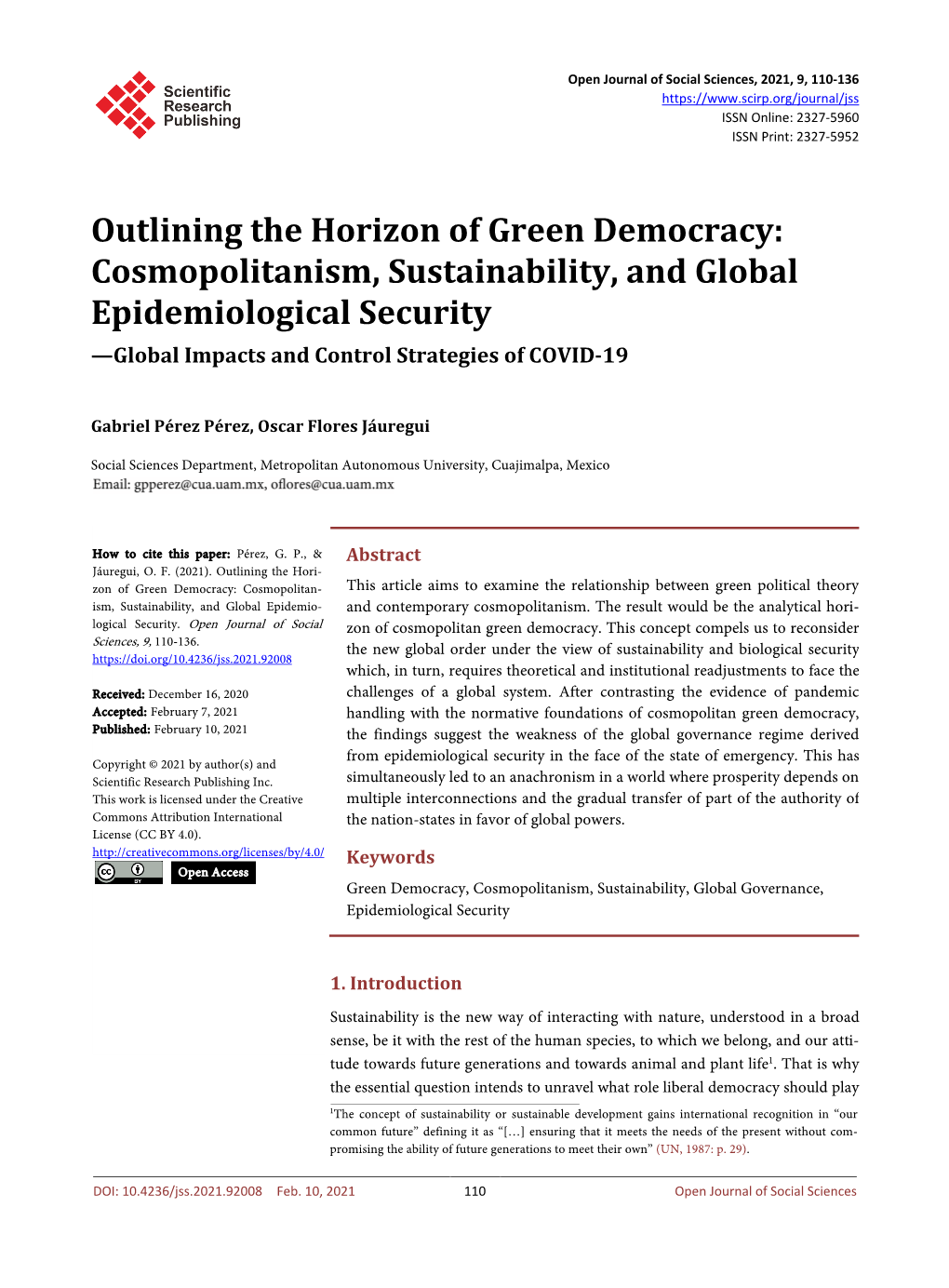 Cosmopolitanism, Sustainability, and Global Epidemiological Security —Global Impacts and Control Strategies of COVID-19