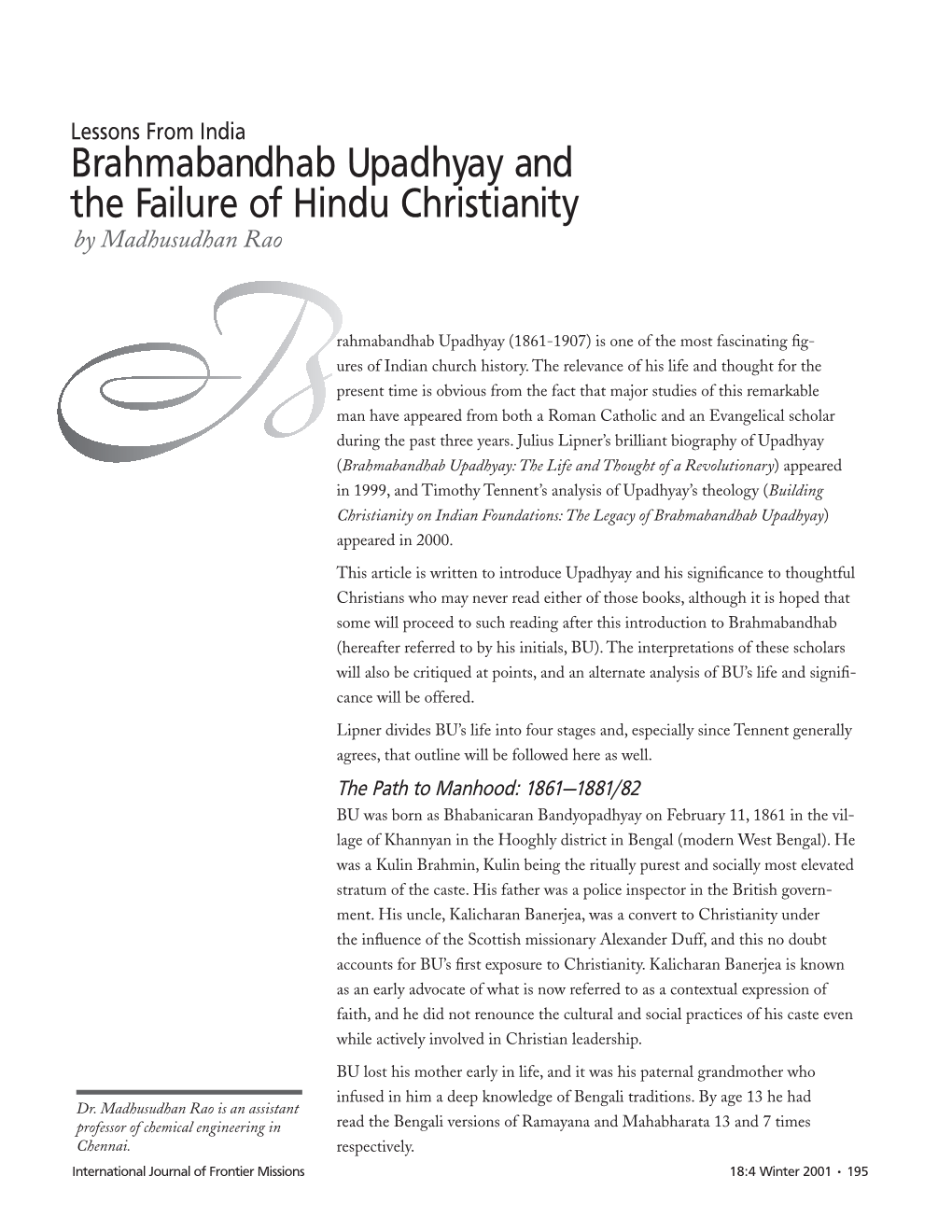 Brahmabandhab Upadhyay and the Failure of Hindu Christianity by Madhusudhan Rao
