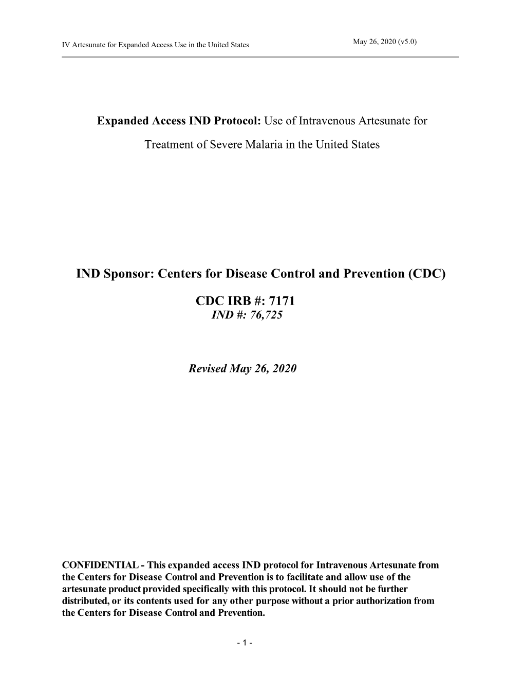 Protocol for Compassionate Use of Intravenous Artesunate For