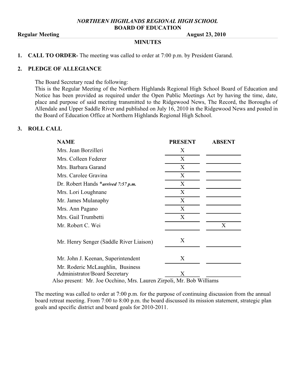 1. CALL to ORDER- the Meeting Was Called to Order at 7:00 P.M. by President Garand