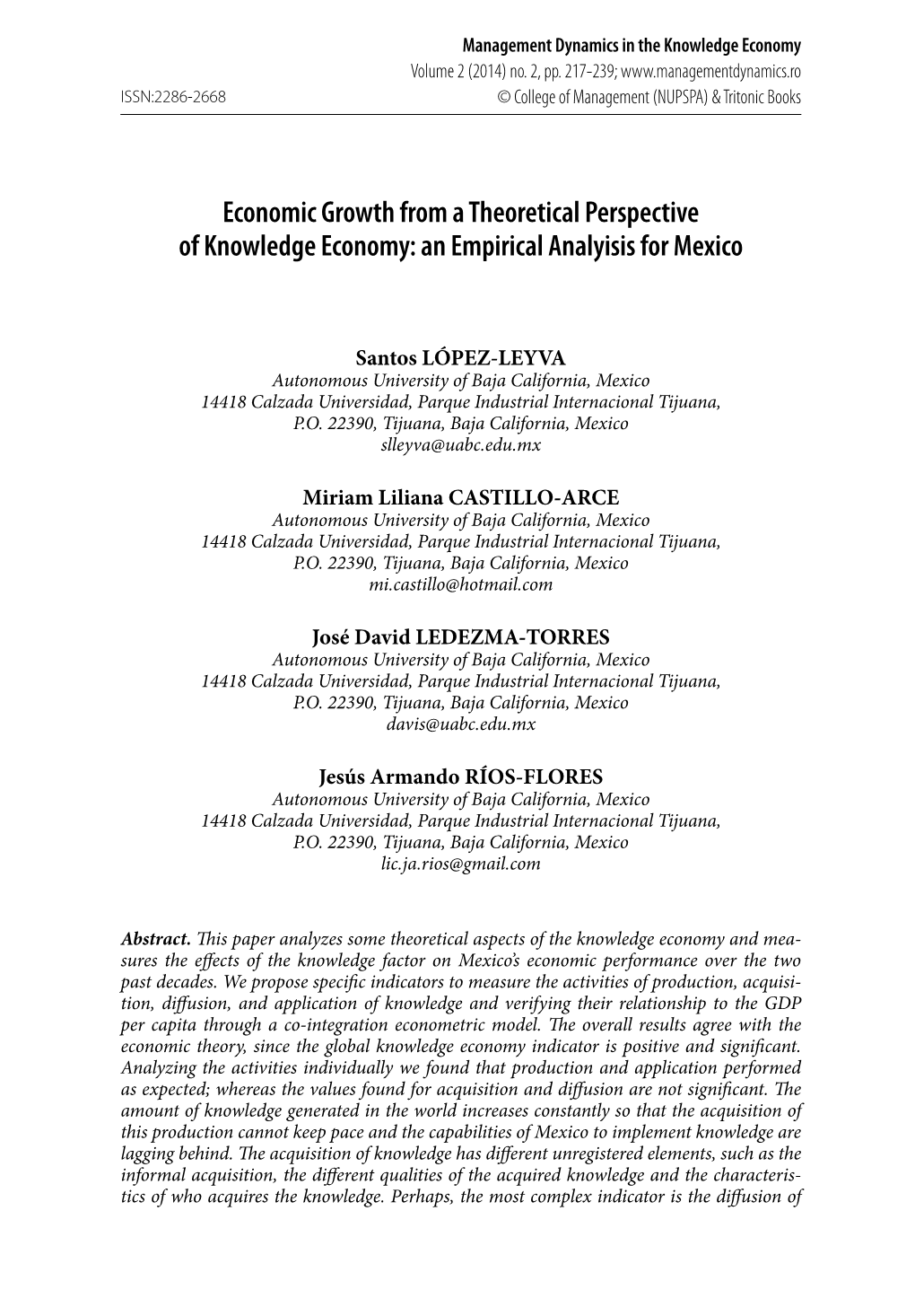 Economic Growth from a Theoretical Perspective of Knowledge Economy: an Empirical Analyisis for Mexico