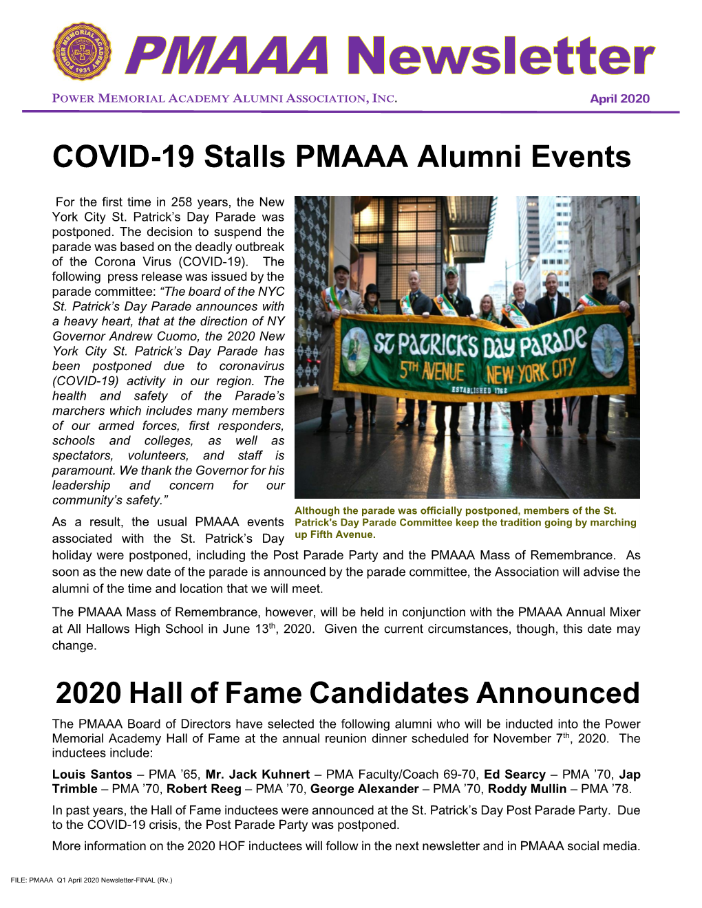 COVID-19 Stalls PMAAA Alumni Events