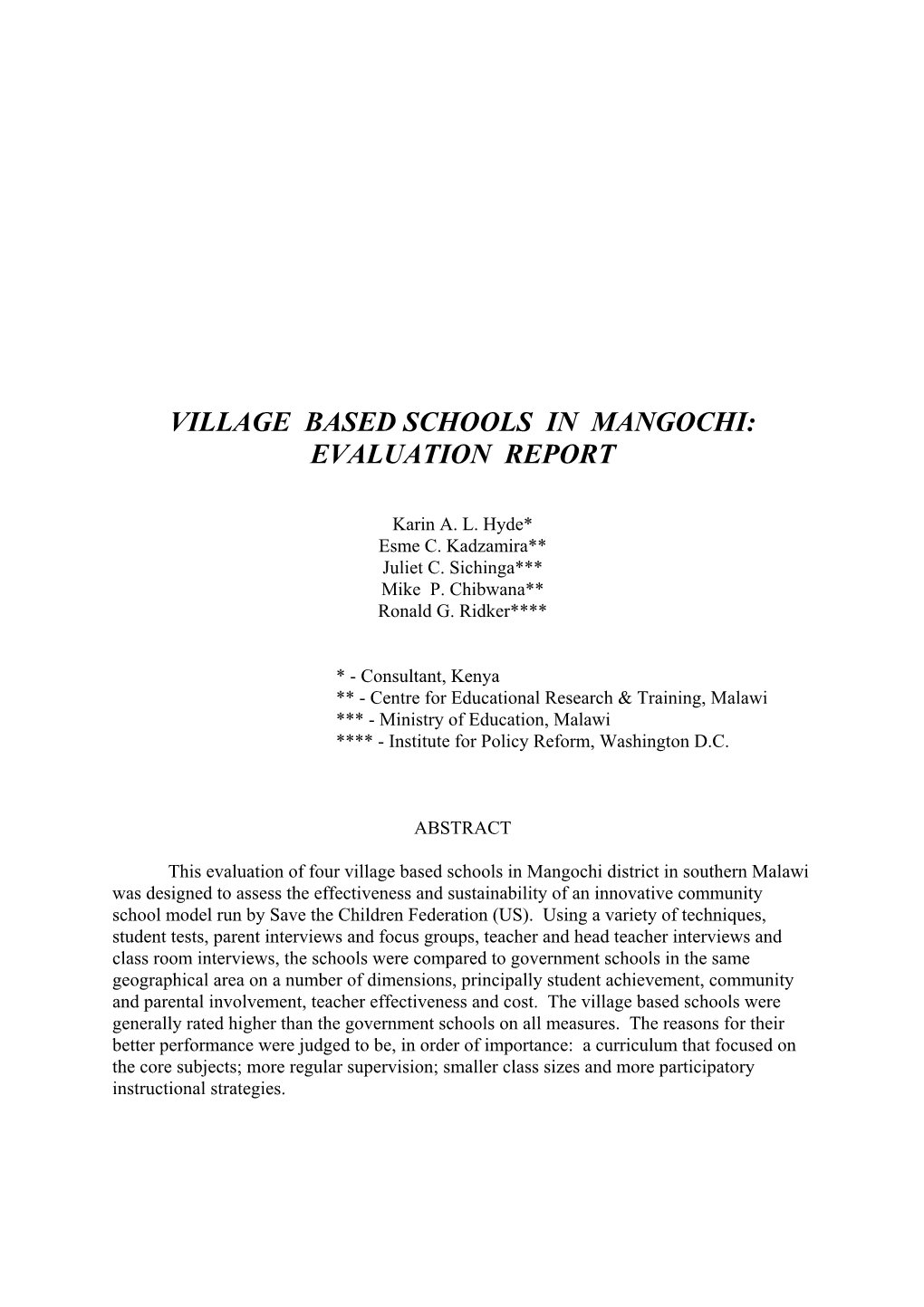 Village Based Schools in Mangochi: Evaluation Report