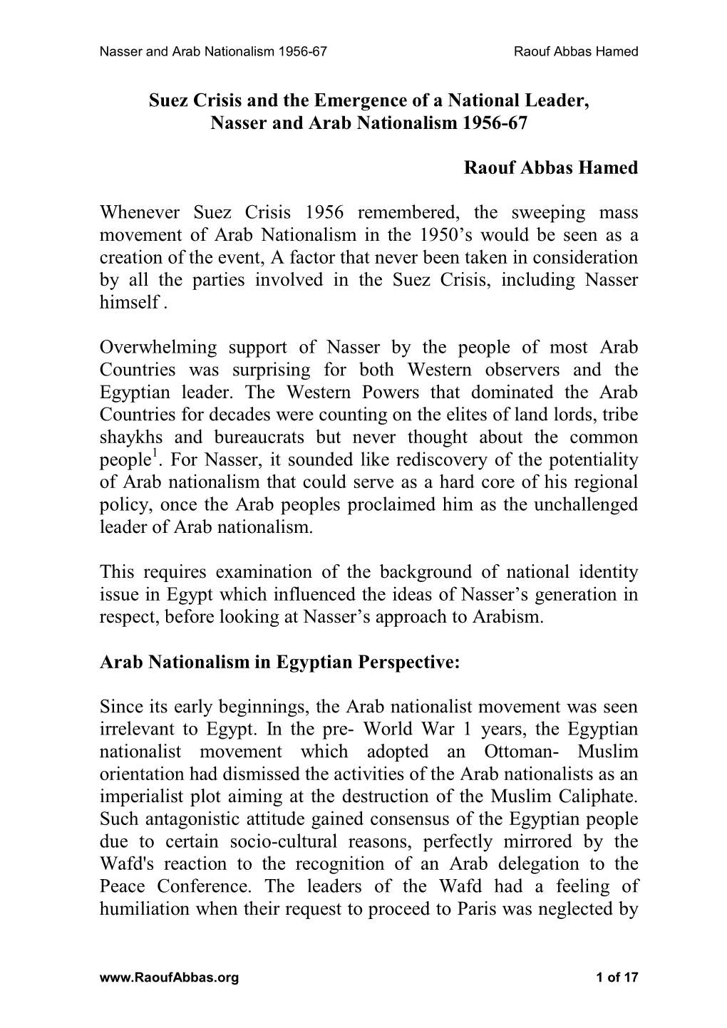 Arab Nationalism in Egyptian Perspective