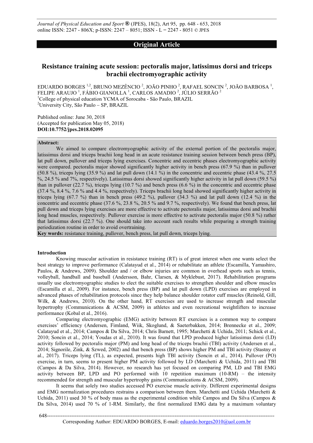 Pectoralis Major, Latissimus Dorsi and Triceps Brachii Electromyographic Activity