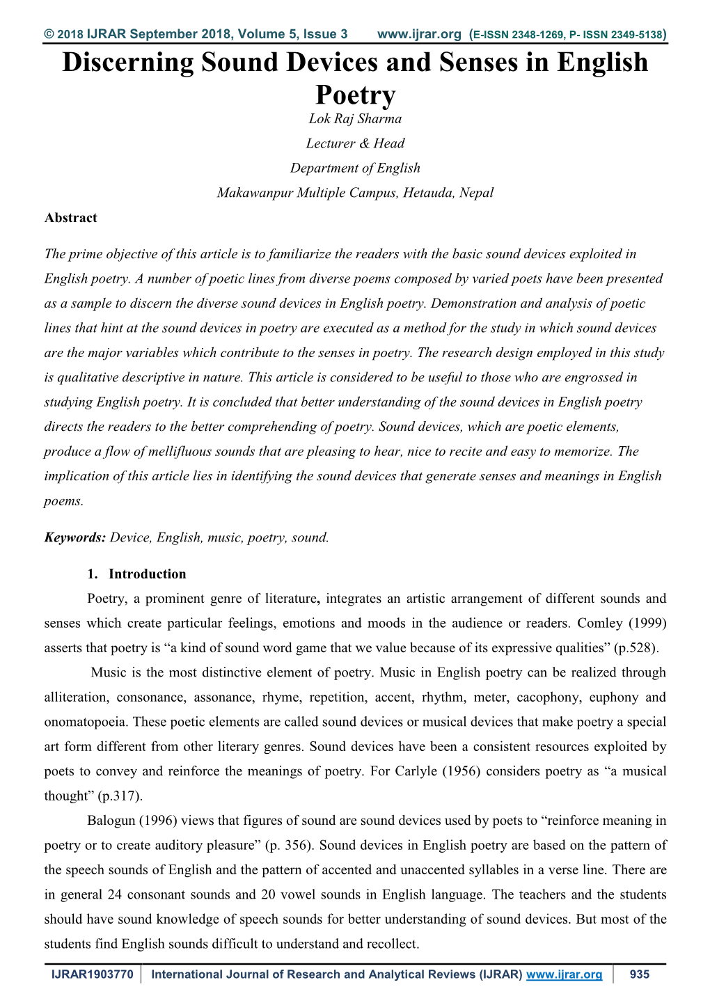 Discerning Sound Devices and Senses in English Poetry Lok Raj Sharma Lecturer & Head Department of English Makawanpur Multiple Campus, Hetauda, Nepal Abstract