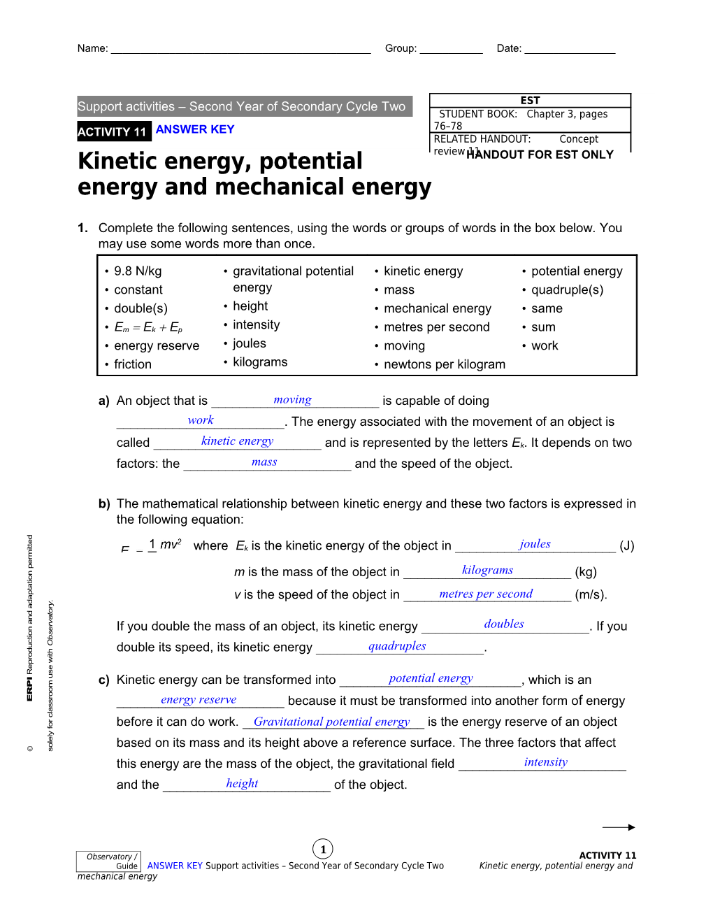 Kinetic Energy, Potential Energy and Mechanical Energy