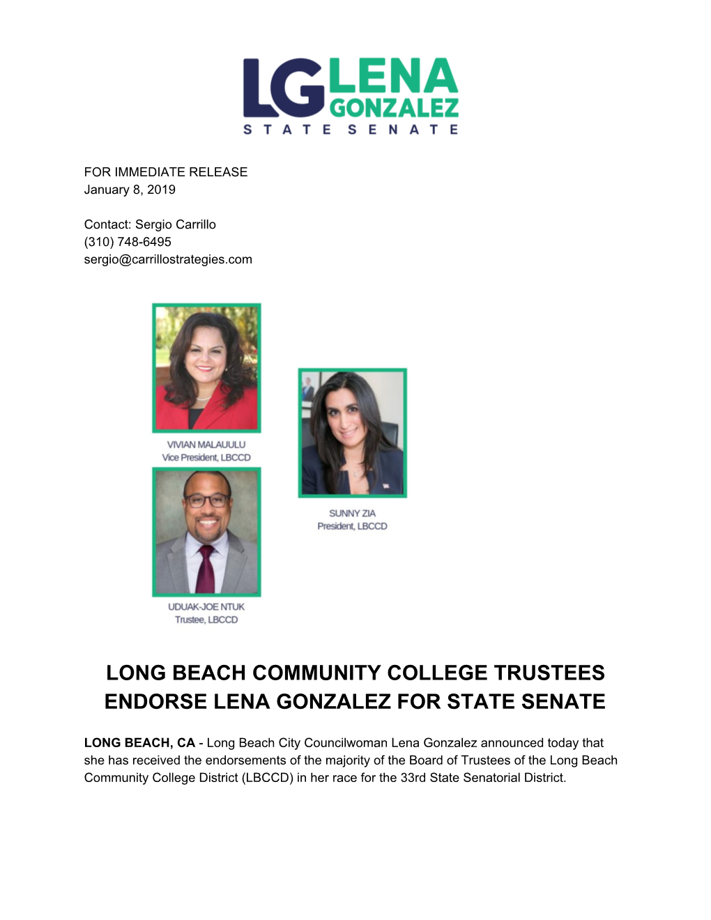 Long Beach Community College Trustees Endorse Lena Gonzalez for State Senate