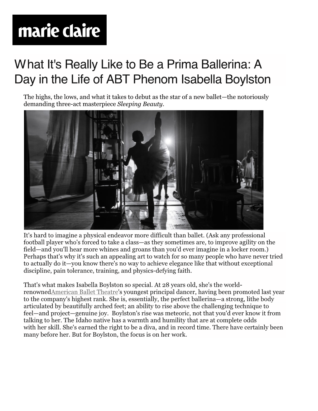 W Hat It's Really Like to Be a Prima Ballerina: a Day in the Life of ABT Phenom Isabella Boylston