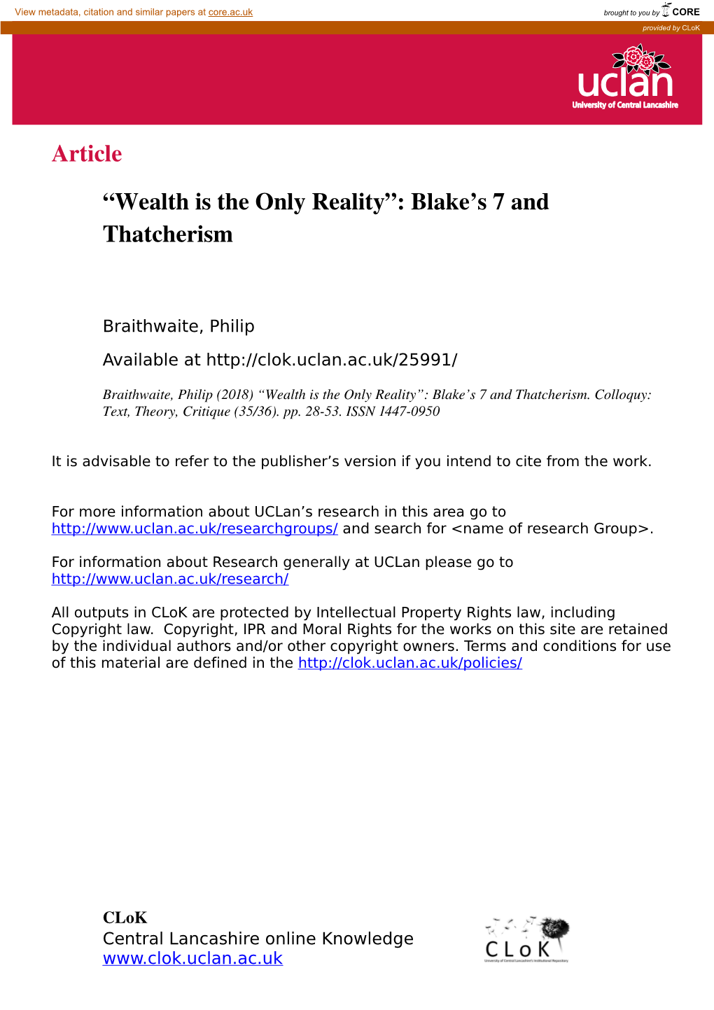 “Wealth Is the Only Reality”: Blake's 7 and Thatcherism