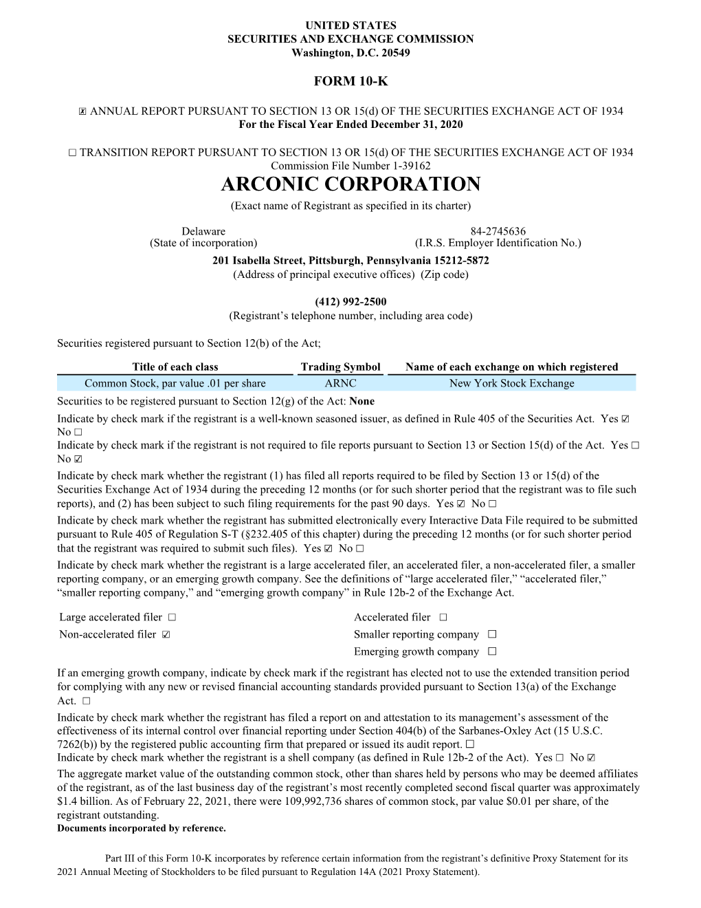 ARCONIC CORPORATION (Exact Name of Registrant As Specified in Its Charter)