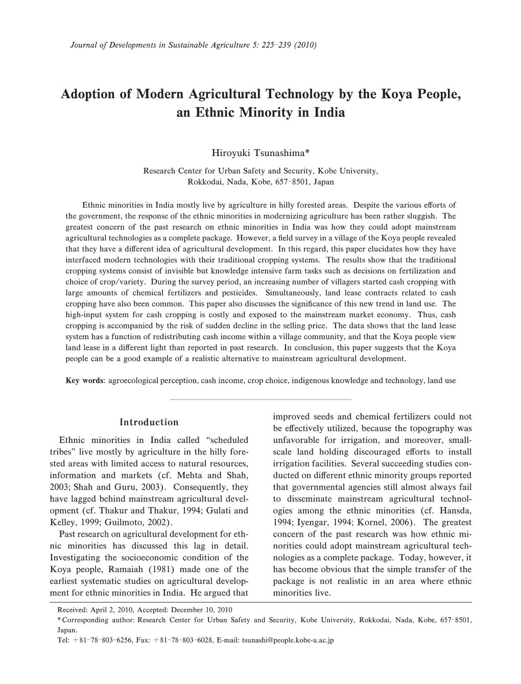 Adoption of Modern Agricultural Technology by the Koya People, an Ethnic Minority in India