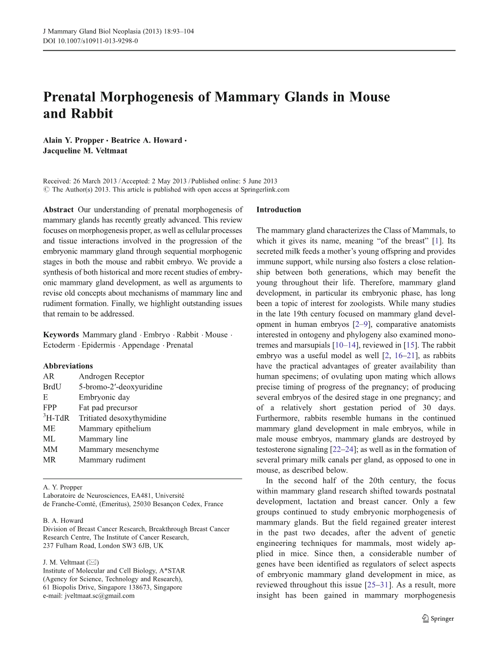 Prenatal Morphogenesis of Mammary Glands in Mouse and Rabbit