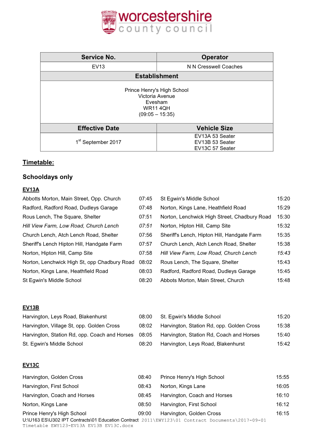 Timetable EWY017 EV14