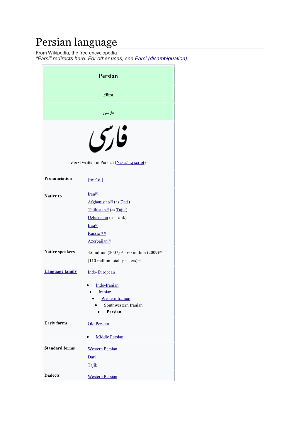 Persian Language from Wikipedia, the Free Encyclopedia "Farsi" Redirects Here