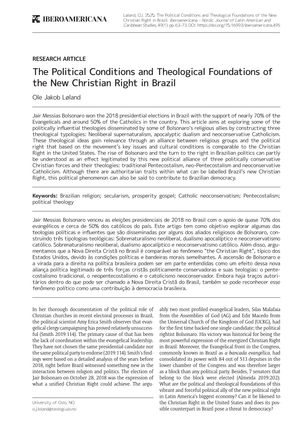 The Political Conditions and Theological Foundations of the New Christian Right in Brazil