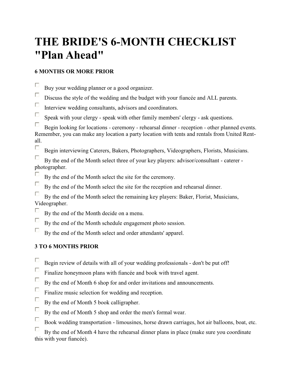 THE BRIDE's 6-MONTH CHECKLIST "Plan Ahead"