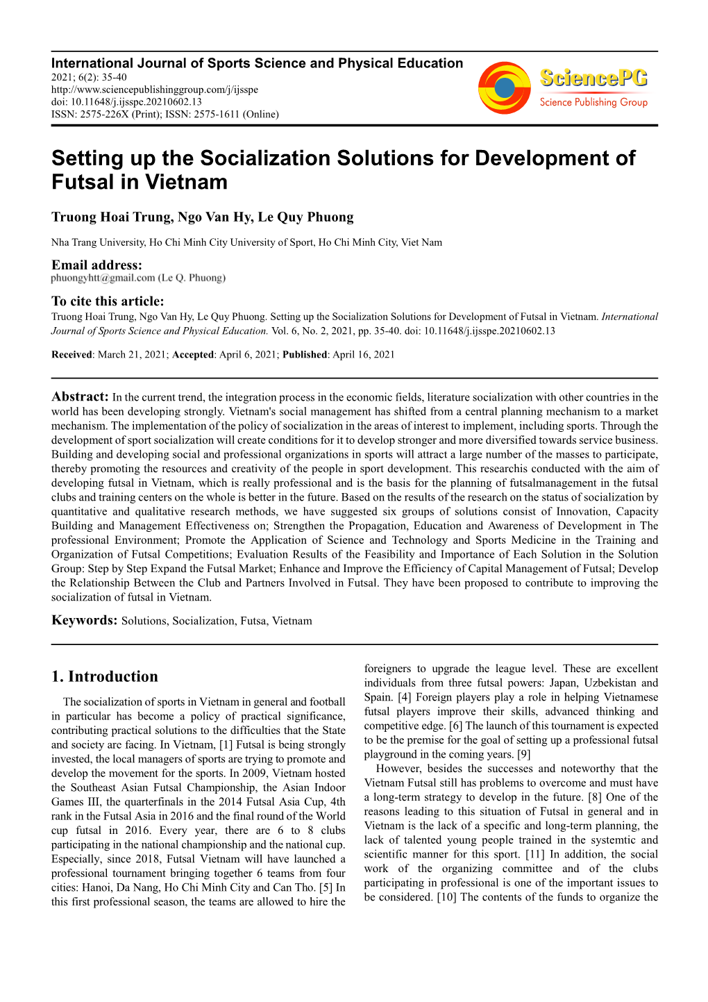 Setting up the Socialization Solutions for Development of Futsal in Vietnam