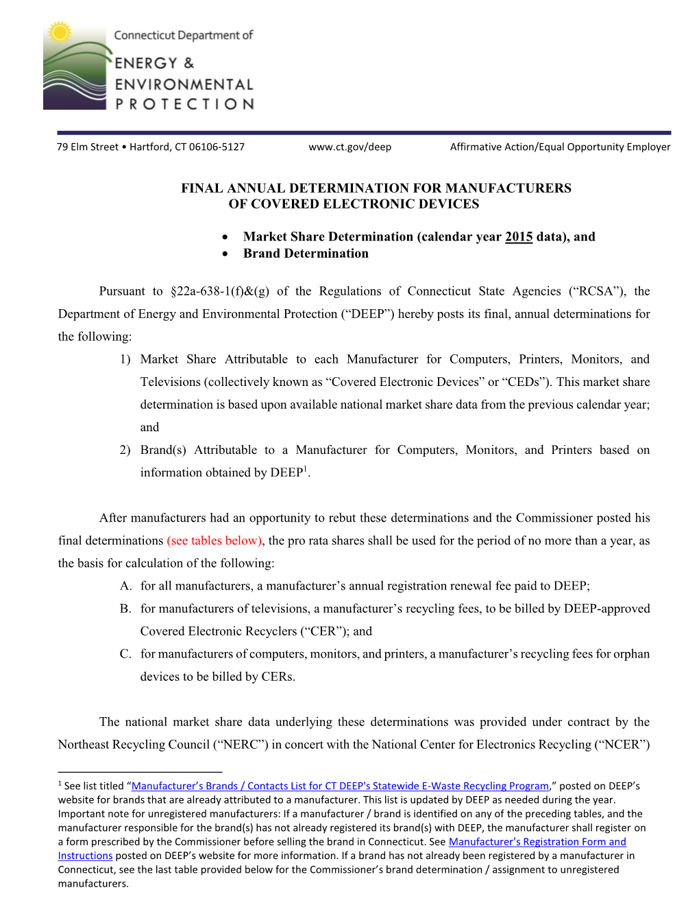 2015 Final Market Share Determination for Manufacturers Of