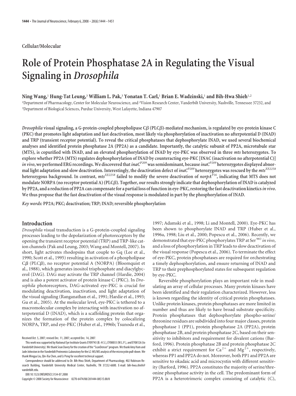 Role of Protein Phosphatase 2A in Regulating the Visual Signaling Indrosophila