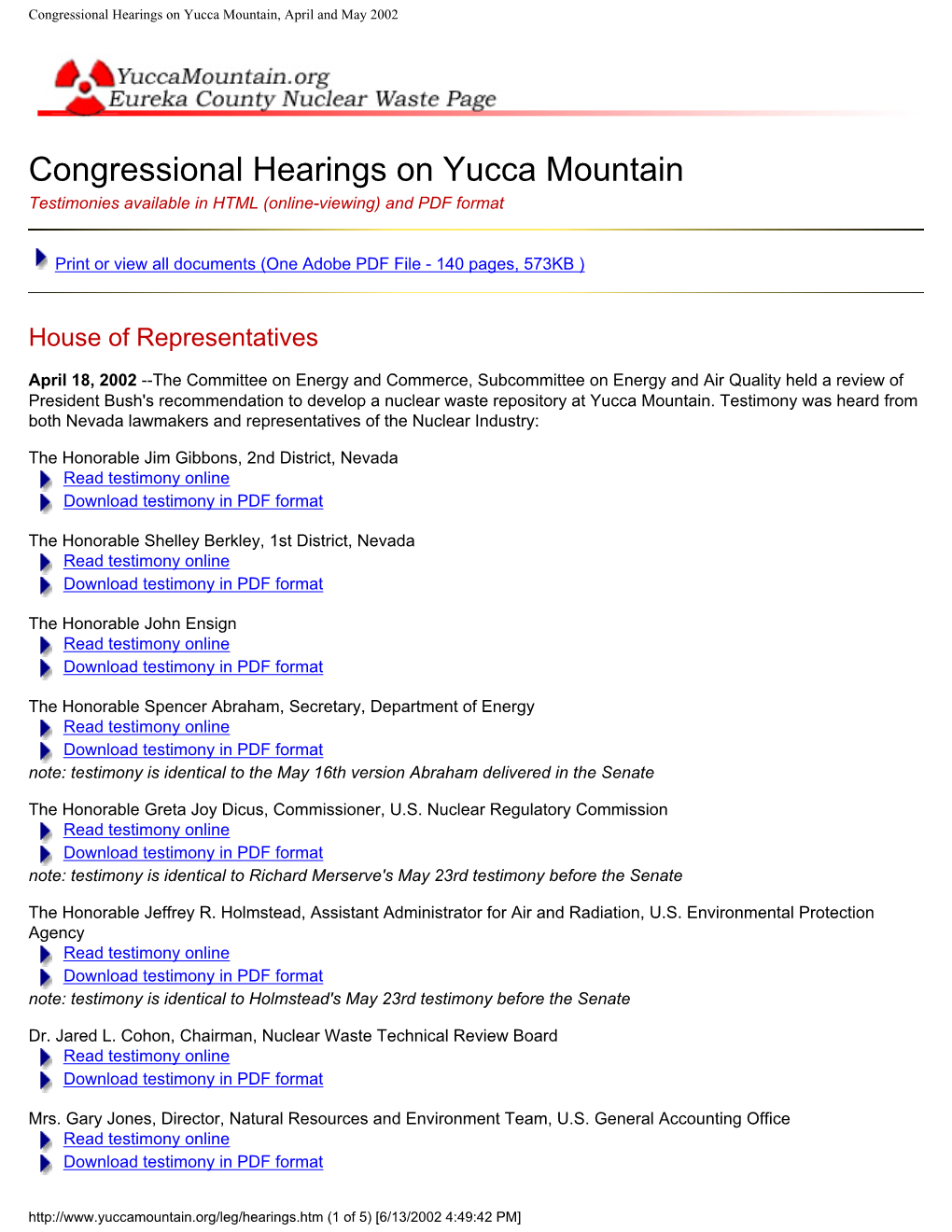 Congressional Hearings on Yucca Mountain, April and May 2002