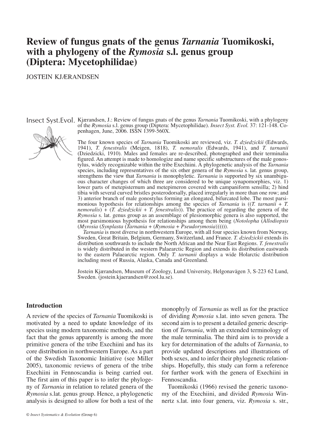 Review of Fungus Gnats of the Genus Tarnania Tuomikoski, with a Phylogeny of the Rymosia S.L