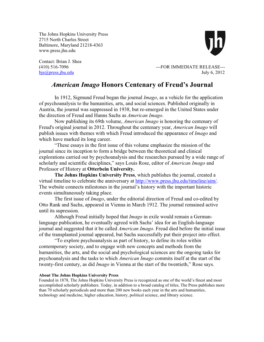 American Imago Honors Centenary of Freud's Journal