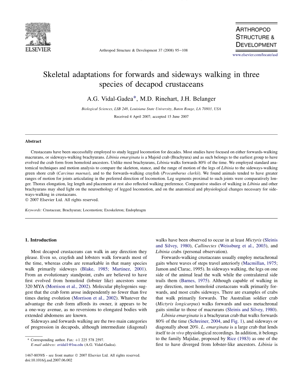 Vidal-Gadea2008skeletal Adaptations for Forwards and Sideways Walking