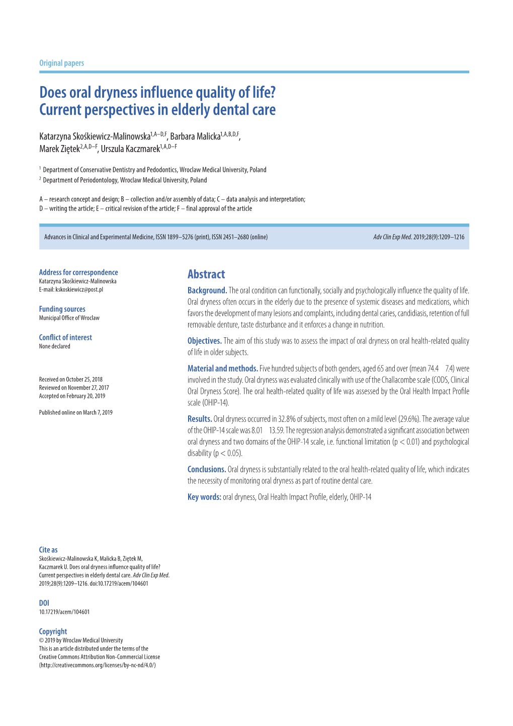 Does Oral Dryness Influence Quality of Life? Current Perspectives in Elderly Dental Care