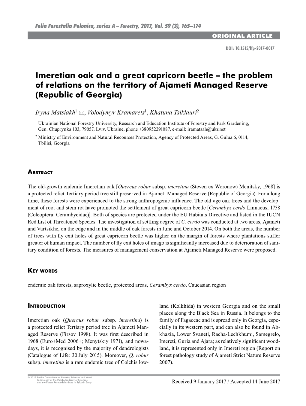 Imeretian Oak and a Great Capricorn Beetle – the Problem of Relations on the Territory of Ajameti Managed Reserve (Republic of Georgia)