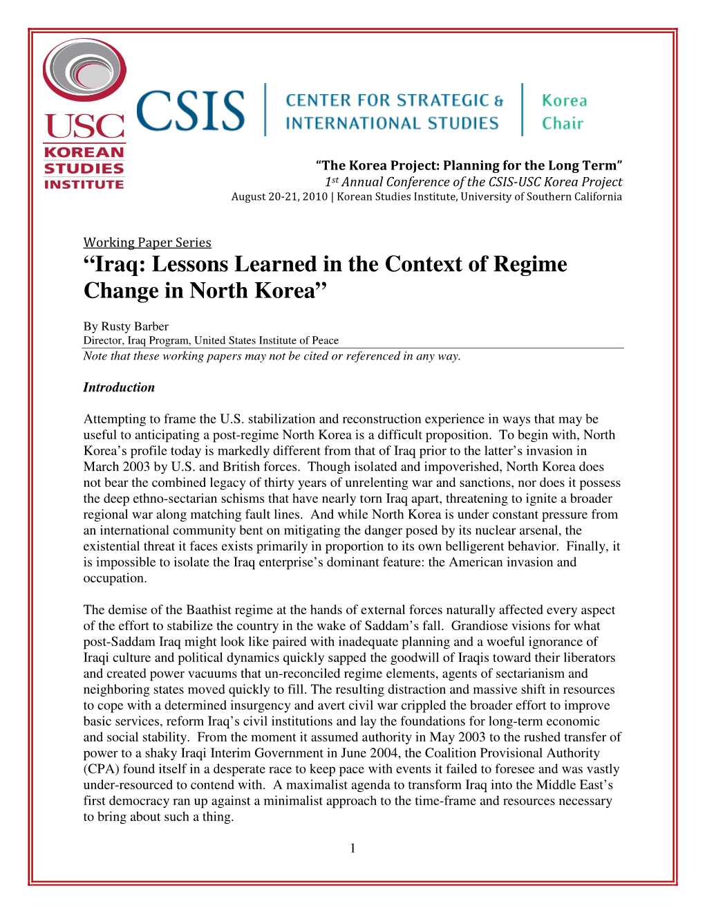 “Iraq: Lessons Learned in the Context of Regime Change in North Korea”