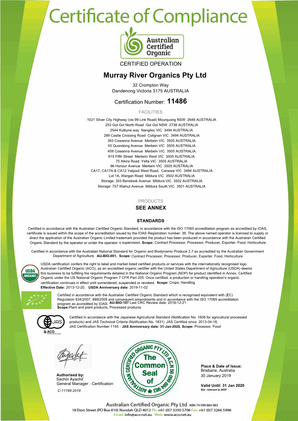 Murray River Organics Pty Ltd 32 Crompton Way Dandenong Victoria 3175 AUSTRALIA