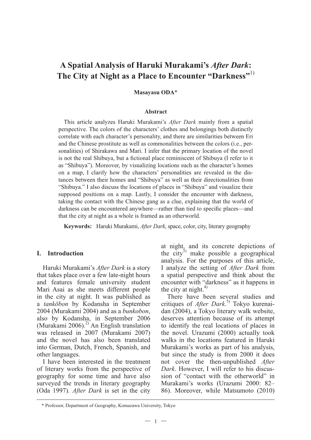 A Spatial Analysis of Haruki Murakami's After Dark: the City At