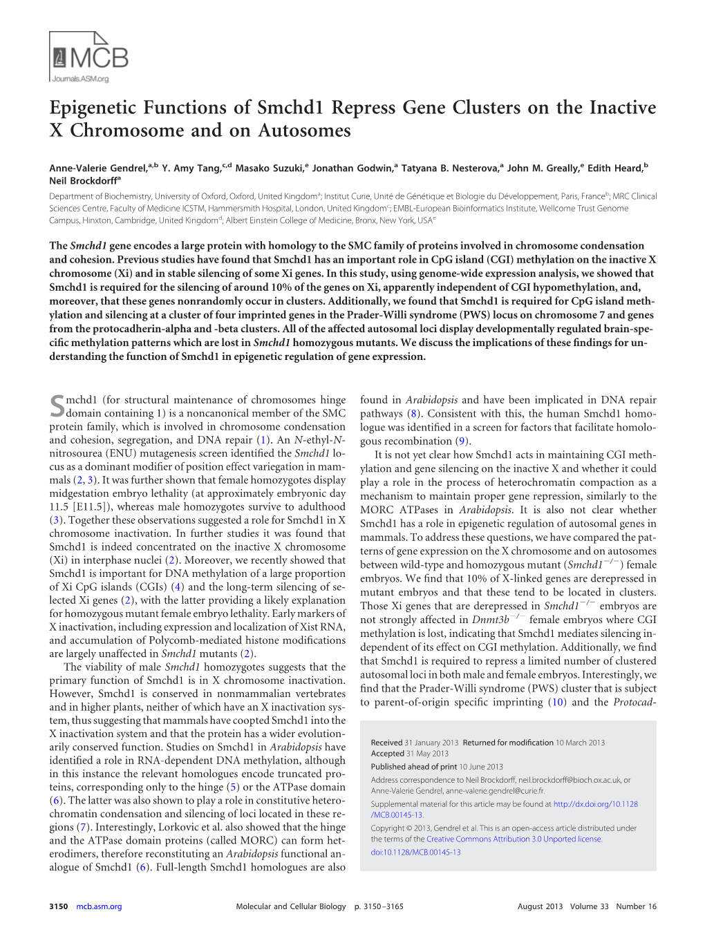 Epigenetic Functions of Smchd1 Repress Gene Clusters on the Inactive X Chromosome and on Autosomes