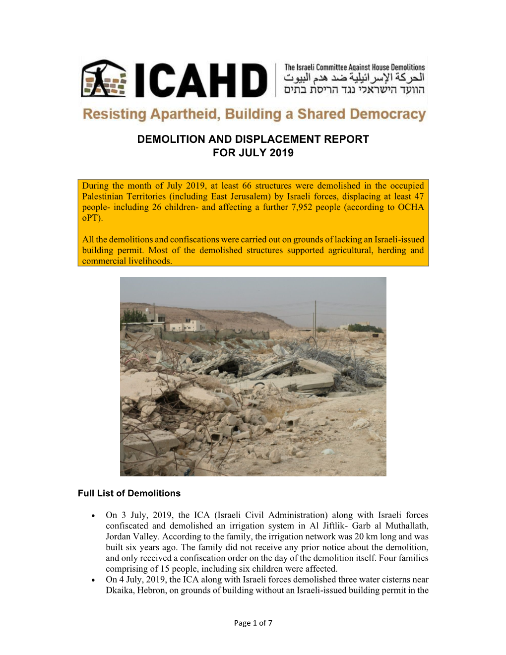 Demolition and Displacement Report for July 2019