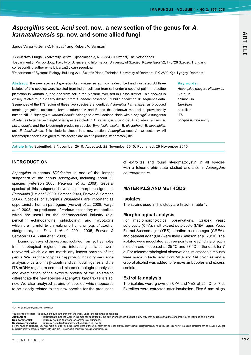 A R T IC L E Aspergillus Sect. Aeni Sect. Nov., a New Section of The