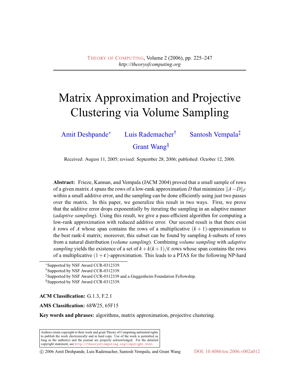 Matrix Approximation and Projective Clustering Via Volume Sampling