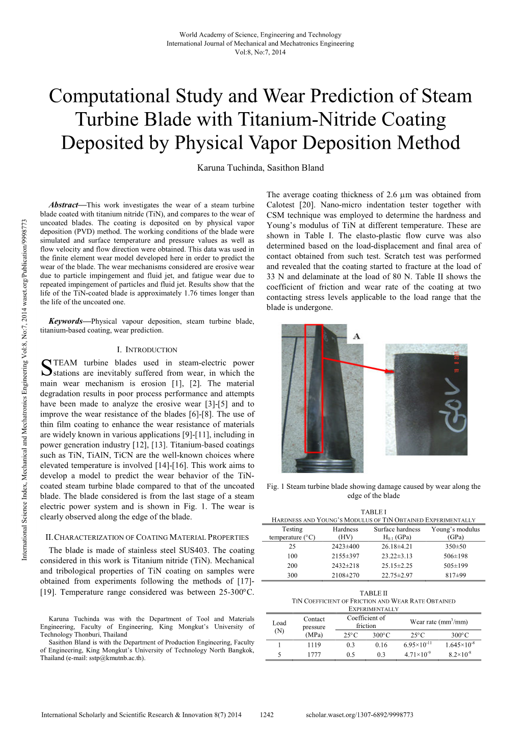 Computational Study and Wear Prediction of Steam Turbine Blade with Titanium�Nitride Coating Deposited by Physical Vapor Deposition Method