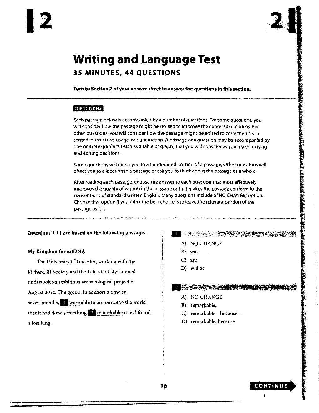 Writing and Language Test 35 MINUTES, 44 QUESTIONS