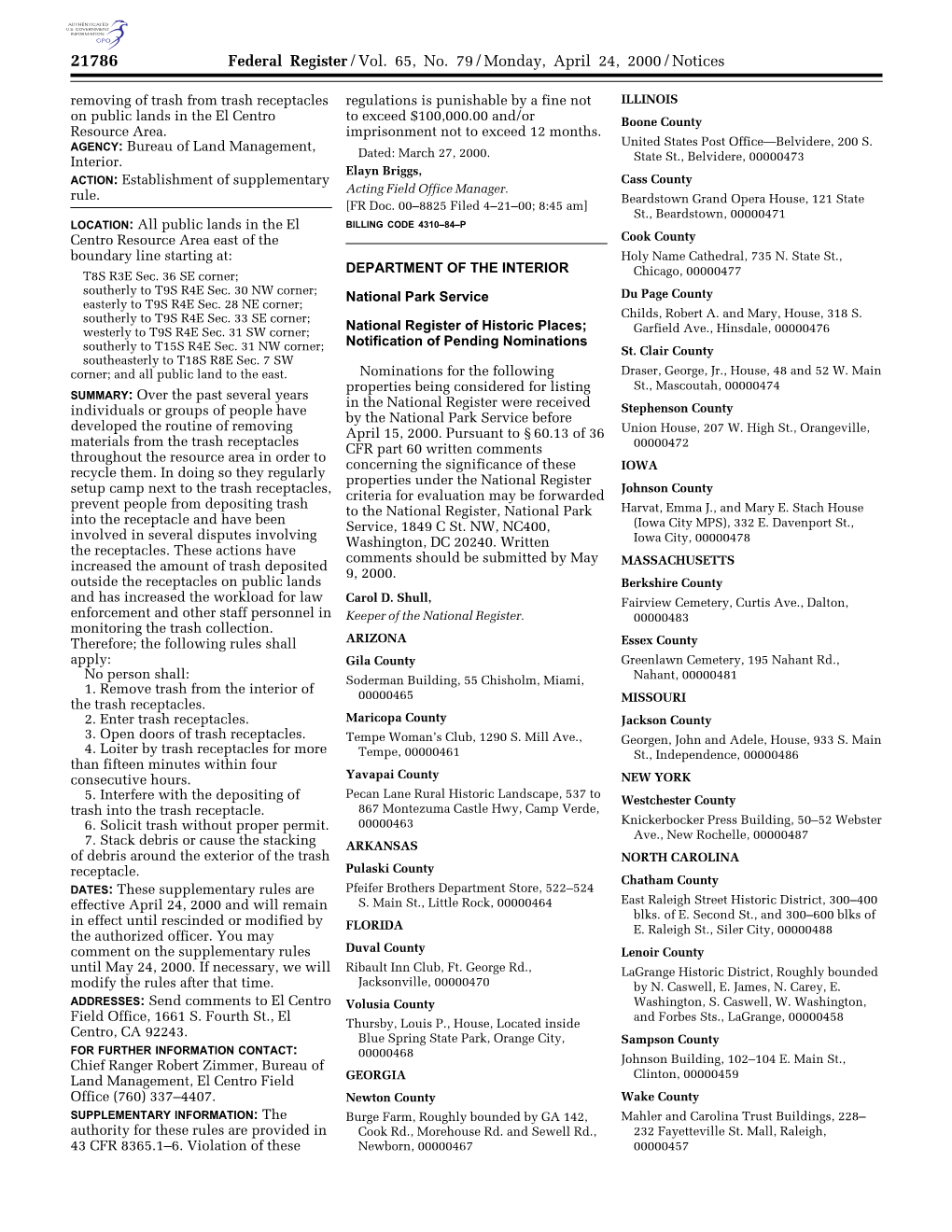 Federal Register/Vol. 65, No. 79/Monday, April 24, 2000/Notices