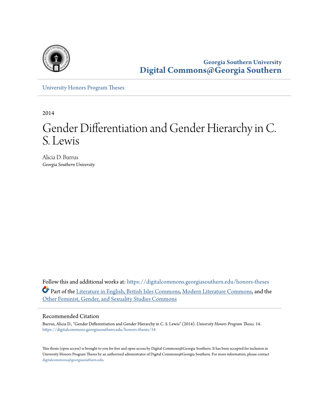 Gender Differentiation and Gender Hierarchy in C. S. Lewis Alicia D