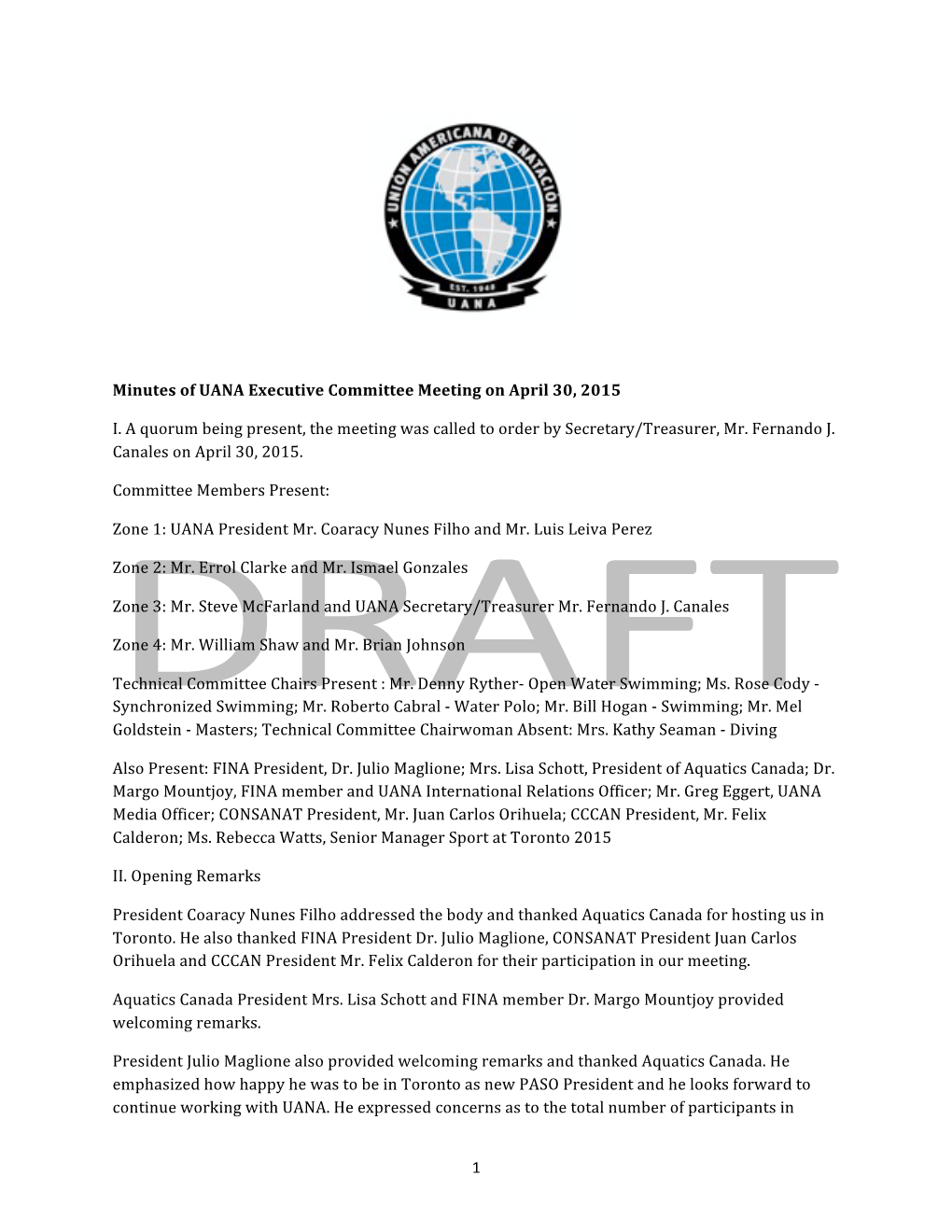 Minutes of UANA Executive Committee Meeting on April 30 of 2015