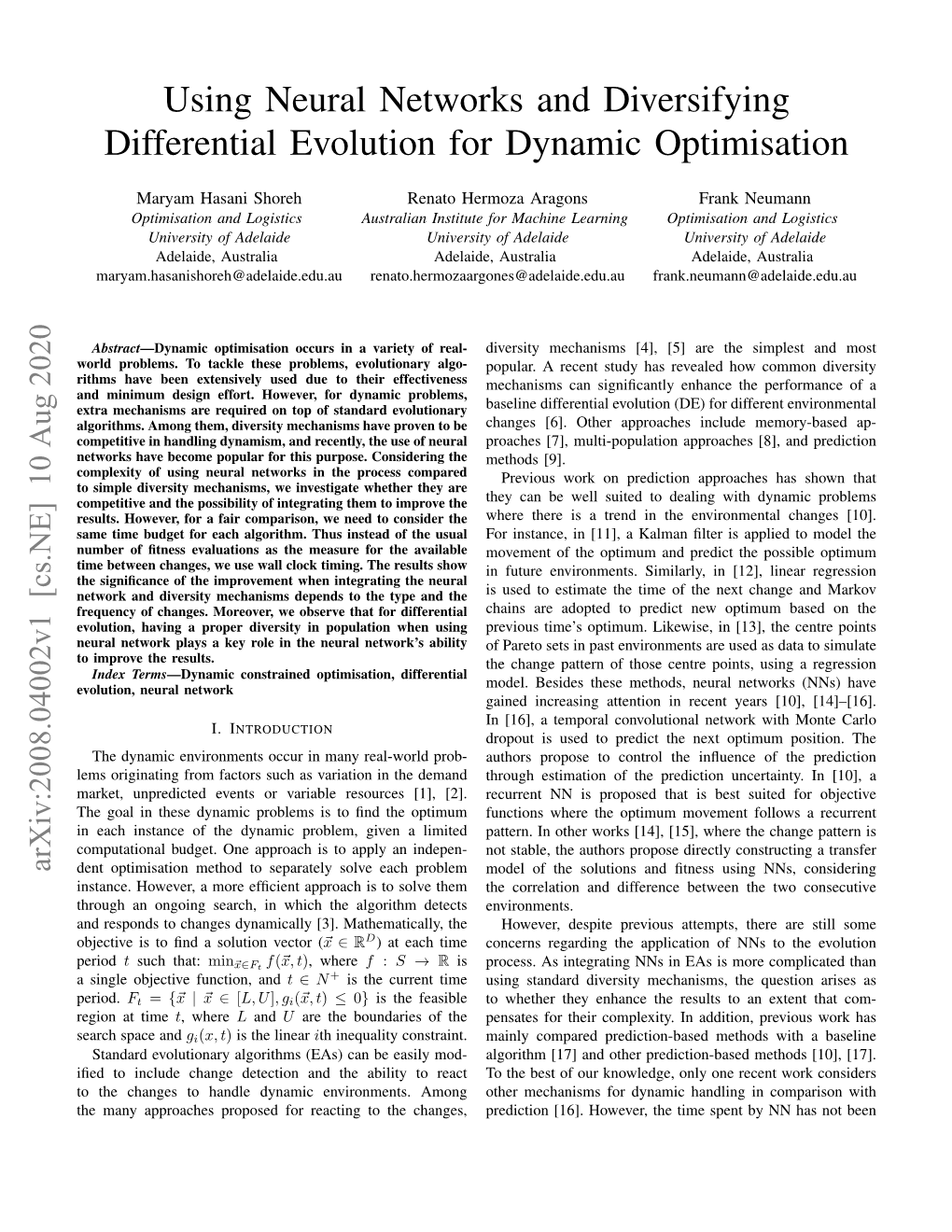 Using Neural Networks and Diversifying Differential Evolution for Dynamic Optimisation