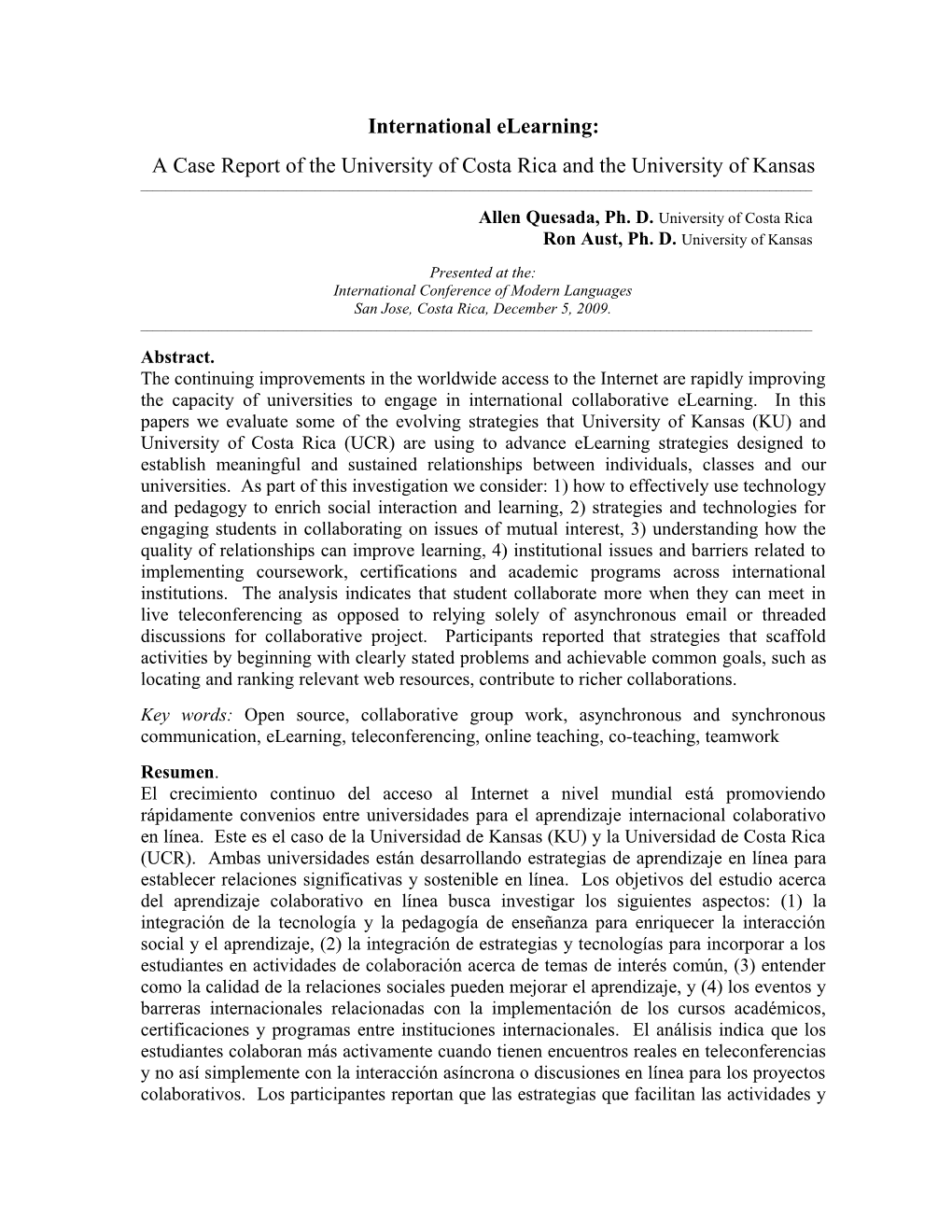 International Collaborative Elearning: the Case of the University of Costa Rica and The