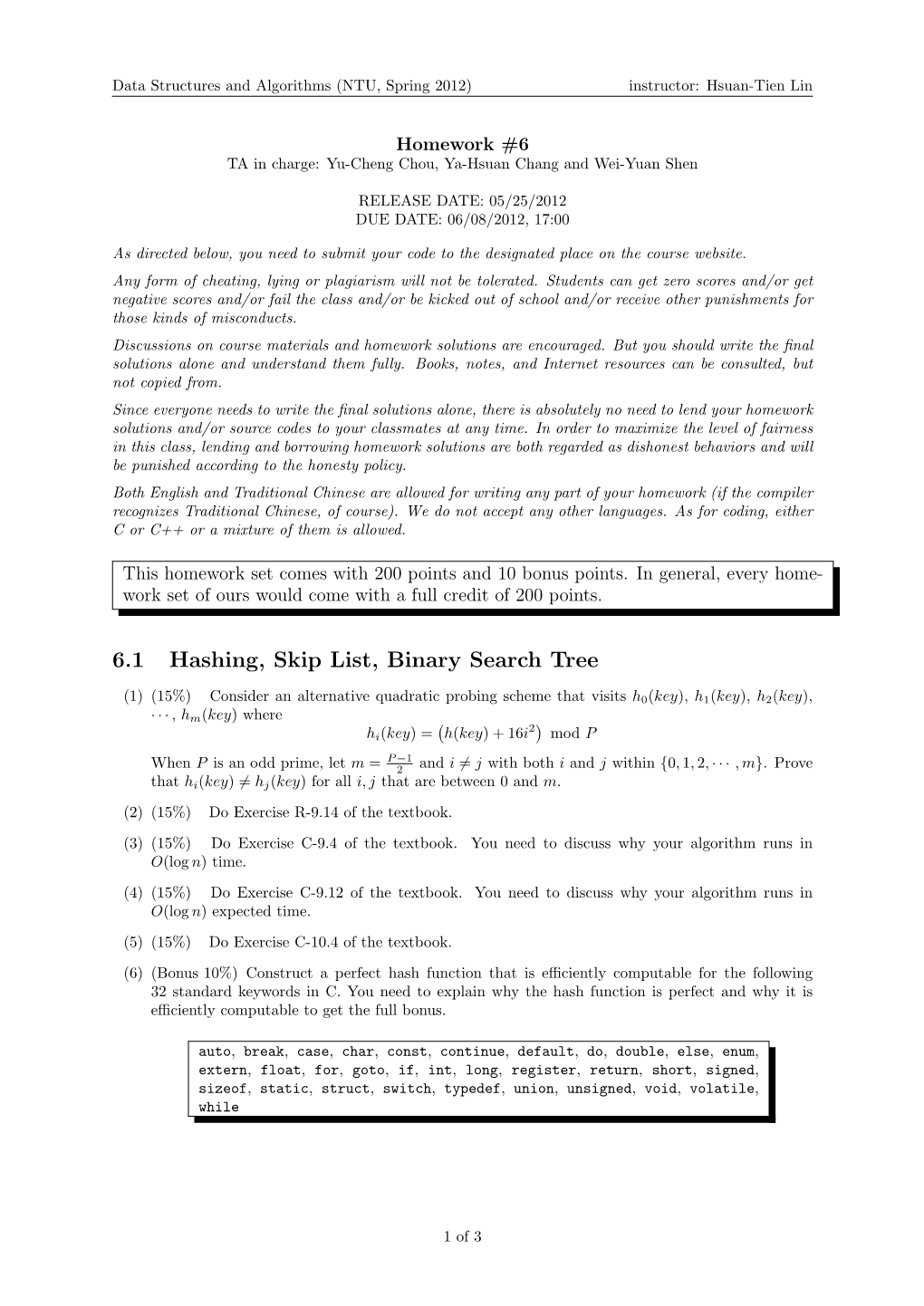 6.1 Hashing, Skip List, Binary Search Tree